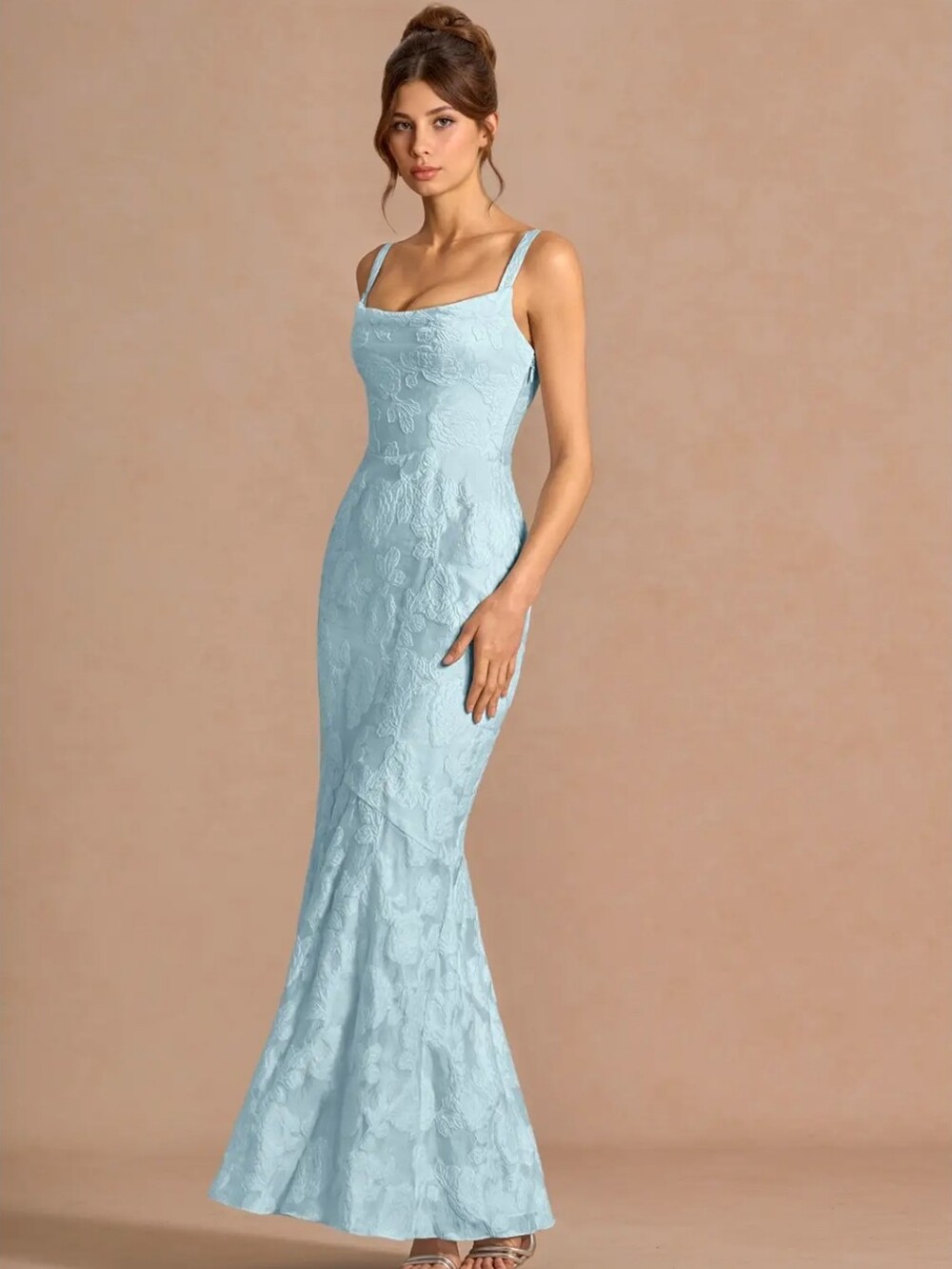 AZAZIE Light Powder Blue Floral Overlay Maxi Prom Gown Dress 8